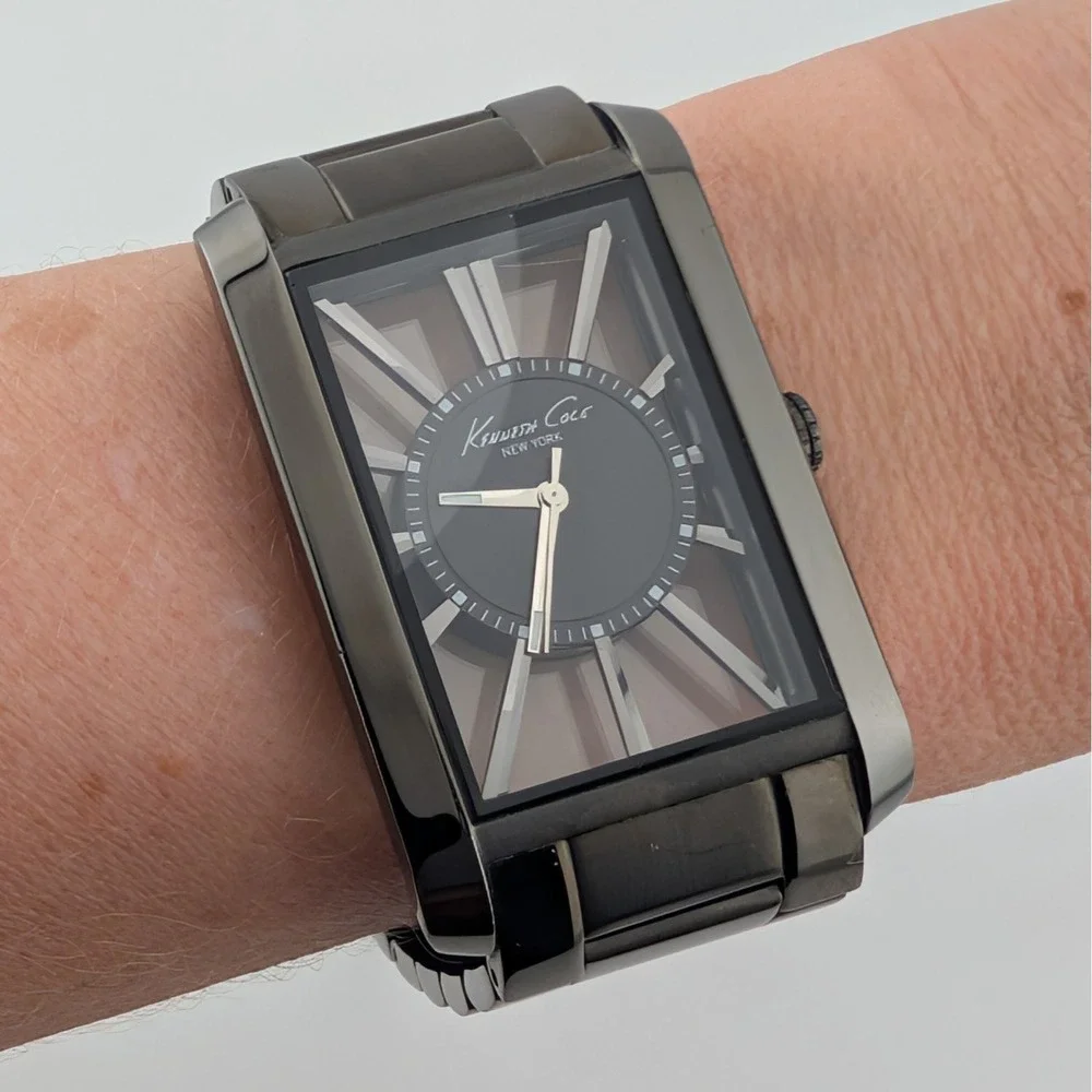 Kenneth Cole New York Transparency Dial Gunmetal Watch SS Oversized Box Links